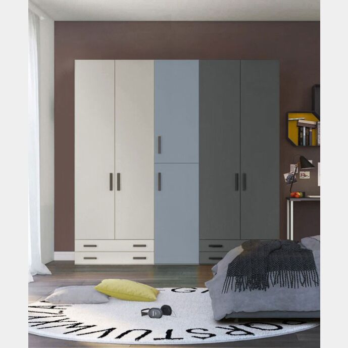 Armadio moderno L.241 a 6 ante e 4 cassetti H.257, finiture Grigio Dorian, Cadaques e Grigio Titanio