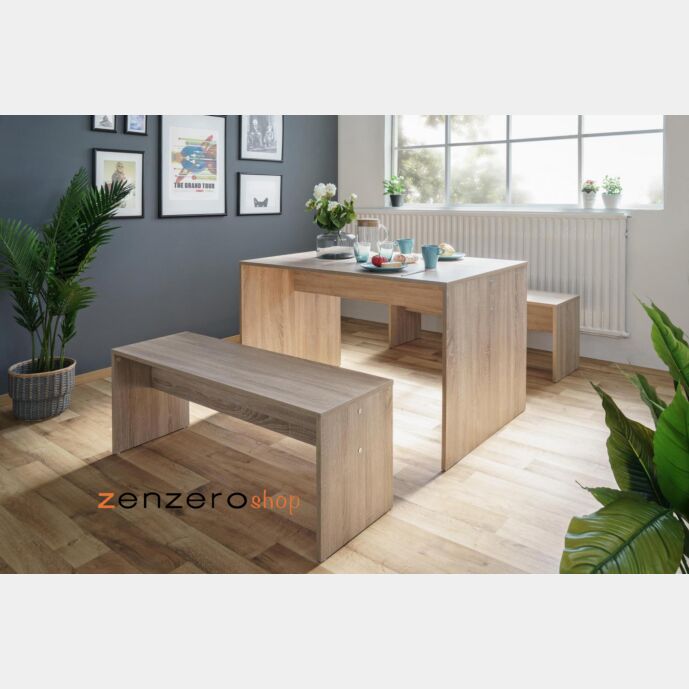Tavolo con 2 panche di design L.118, finitura Quercia