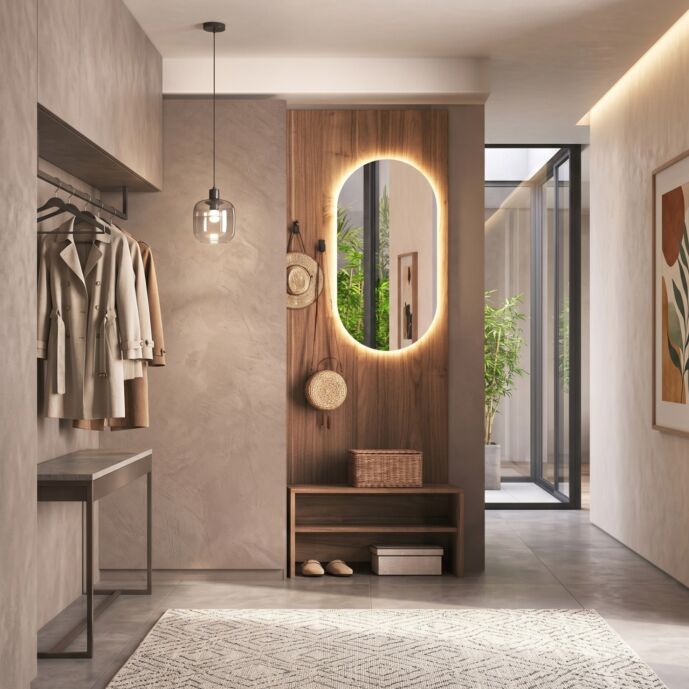 Ingresso con boiserie e panca, Noce caramello, L.88