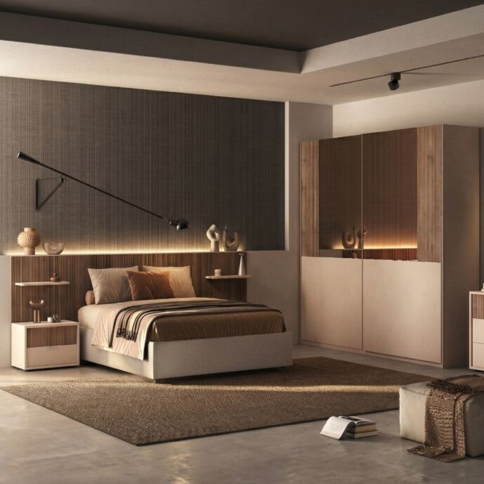 Camera matrimoniale Cashmere e Noce caramello cannettato, Made in Italy