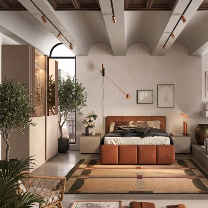 Camera matrimoniale con letto imbottito Terracotta, Cashmere e Noce caramello