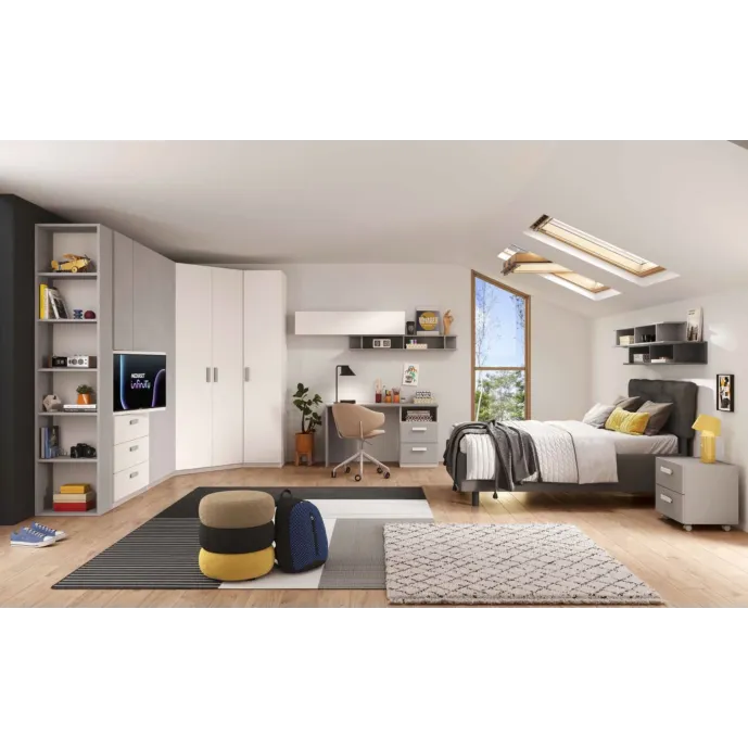 Cameretta con armadio angolare e letto contenitore, Bianco opaco e Gesso