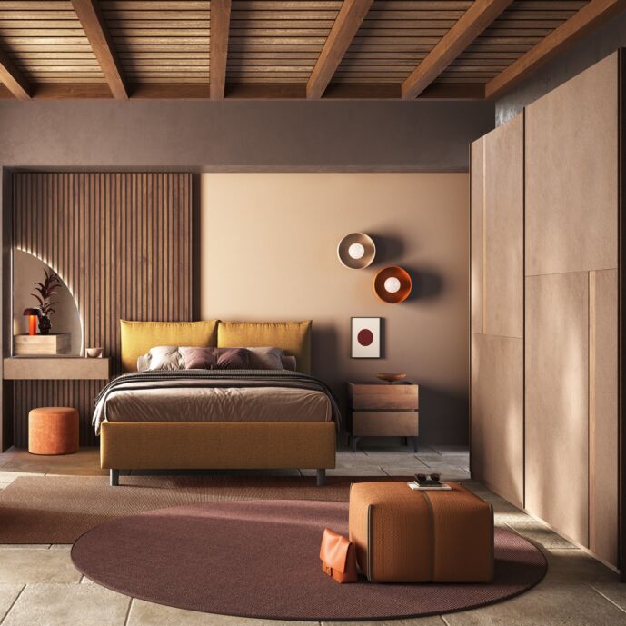 Camera matrimoniale con letto boucle Senape, finitura Bronzo e Mercure