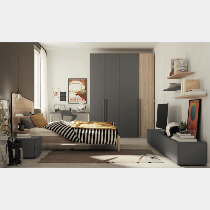 Camera con letto 1 piazza e mezza in finitura Grigio titanio e Royal Oak