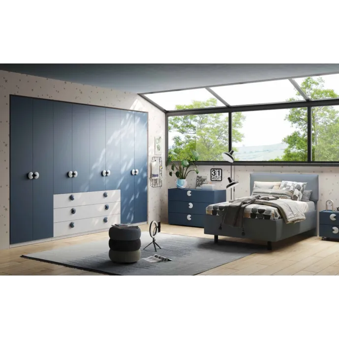 Cameretta ragazzi con armadio, letto e comodino, Bianco opaco e Blu navy