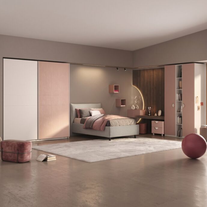 Cameretta ragazze con letto contenitore Beige, finitura Flamingo e Bianco