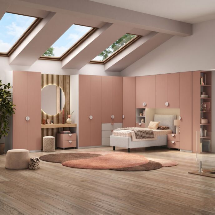 Cameretta a ponte angolare con letto singolo contenitore, Flamingo e Bianco