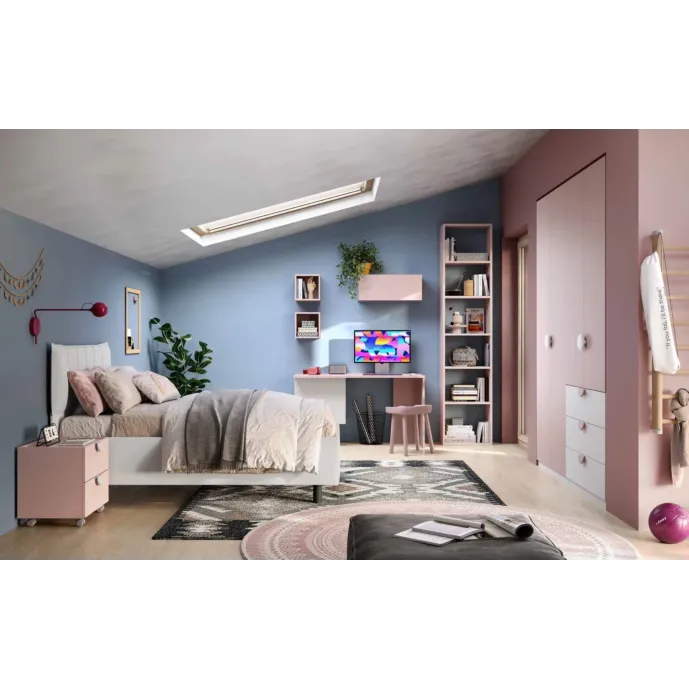 Cameretta ragazza con armadio, letto contenitore e comodino, Bianco opaco e Flamingo