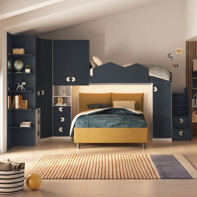 Cameretta soppalco con angolo, Bianco opaco e Blu navy