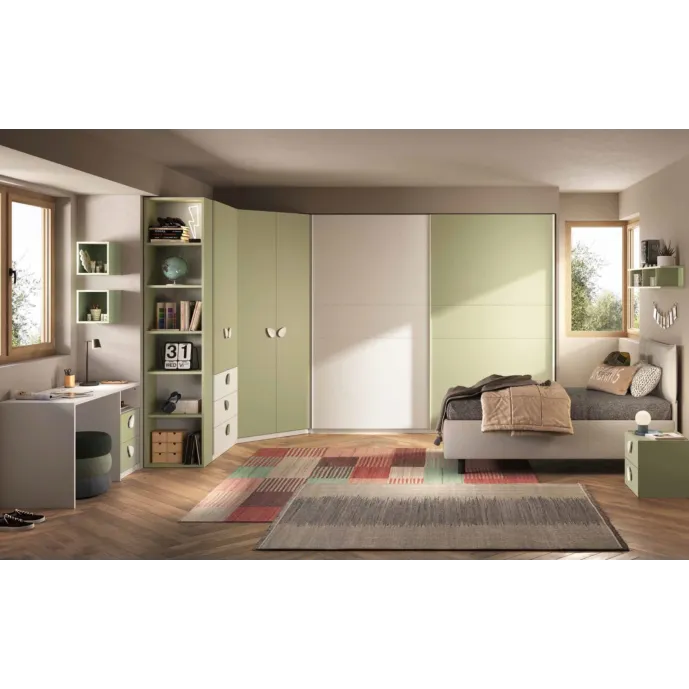 Cameretta completa con letto contenitore, Bianco opaco e Pistacchio