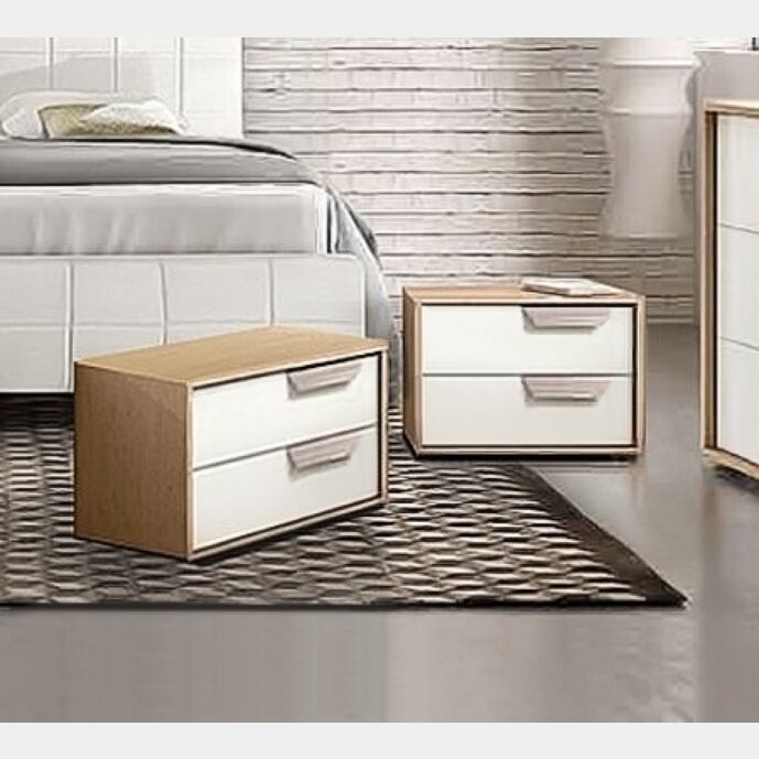 Coppia di comodini moderni, 2 cassetti, finitura Rovere Samoa e Bianco Frassino