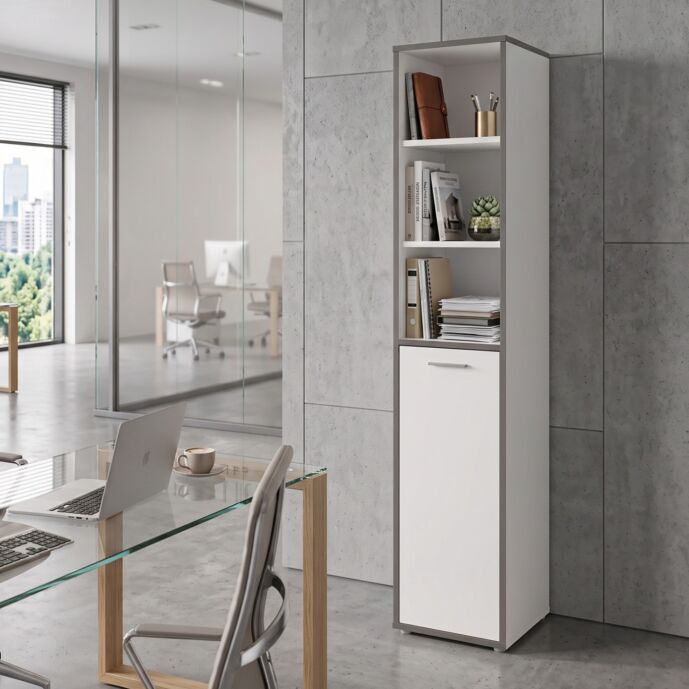 Armadietto-Libreria, 45x227x42 h cm, Bianco e Grigio scuro