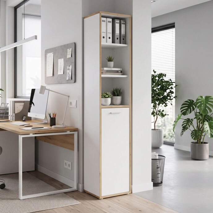 Armadietto libreria stretto, 45x227x42 h cm, Bianco e Rovere Artisan