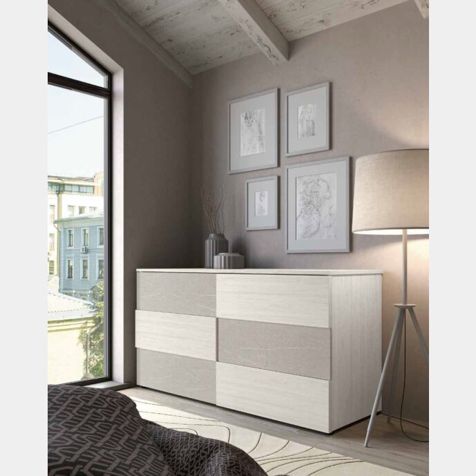 Comò bicolor 6 cassetti, finitura Graniglia chiara e Bianco altea