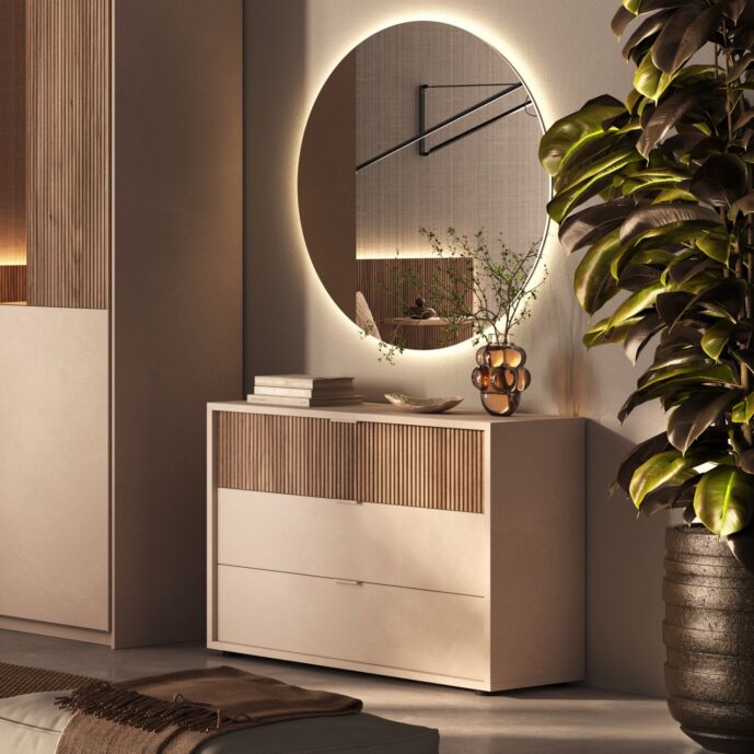 Comò 3 cassetti, Cashmere e Noce caramello cannettato