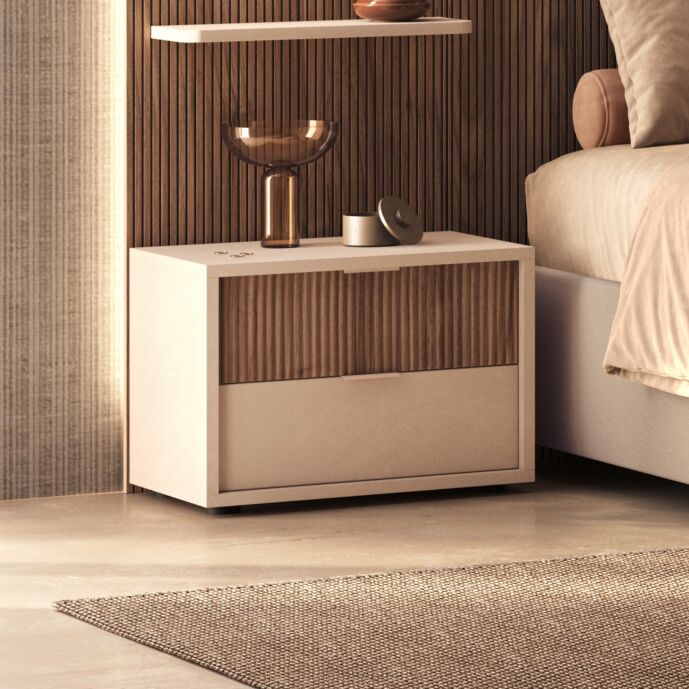 Comodino 2 cassetti, Cashmere e Noce caramello cannettato