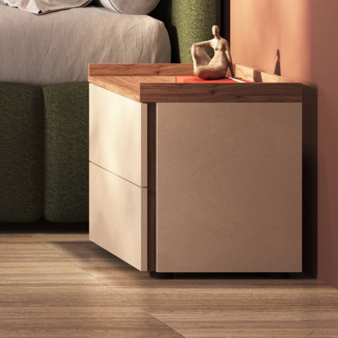 Comodino 2 cassetti moderno, finitura Cashmere e Noce caramello
