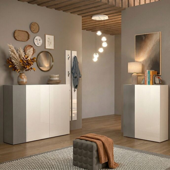 Composizione da soggiorno, Bianco e Vetro cannettato Grigio, di 2 scarpiere