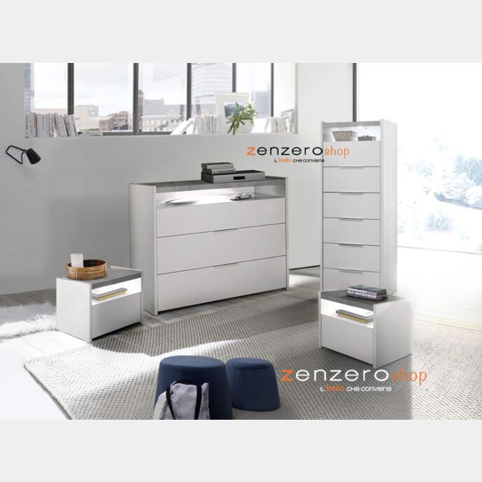 Set Comò, Settimino e 2 Comodini con guide ammortizzate in finitura bianco opaco e Beton