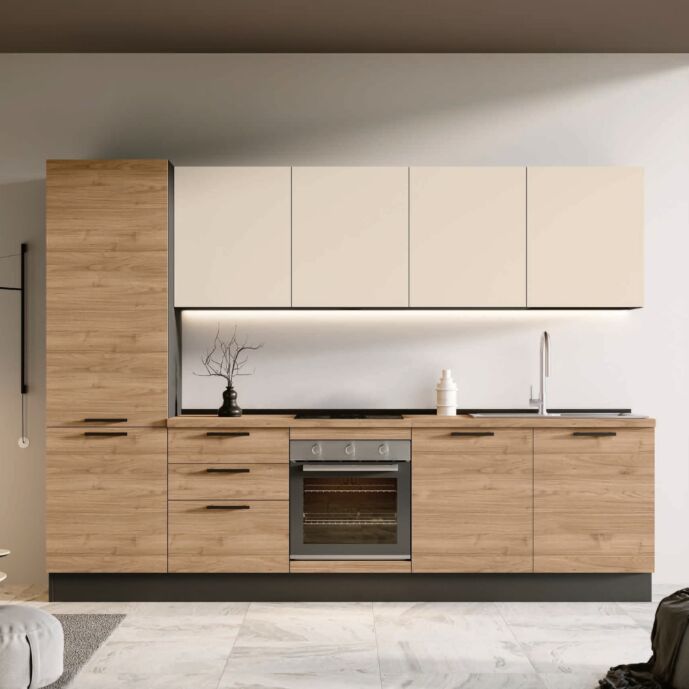 Cucina lineare L.300 cm bloccata, Noce biondo, Grigio cenere e Orzo