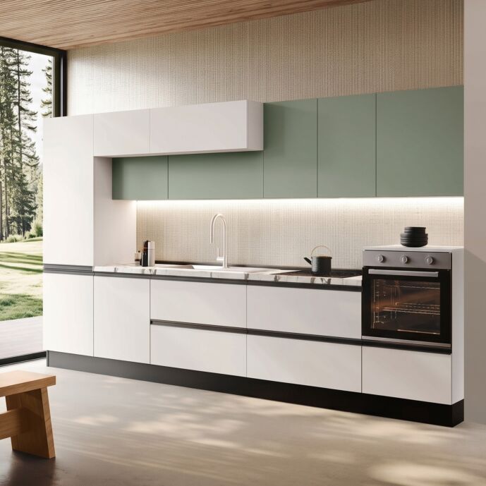 Cucina bloccata lineare, Bianco e Agave, L.360