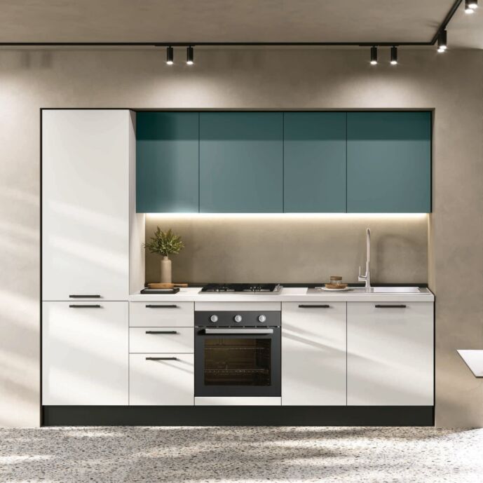 Cucina lineare bloccata 2,70 mt, Bianco opaco e Salvia, Made in Italy