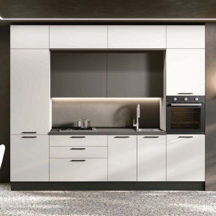 Cucina bloccata lineare, Bianco e Grigio cenere, L.300, Made in Italy