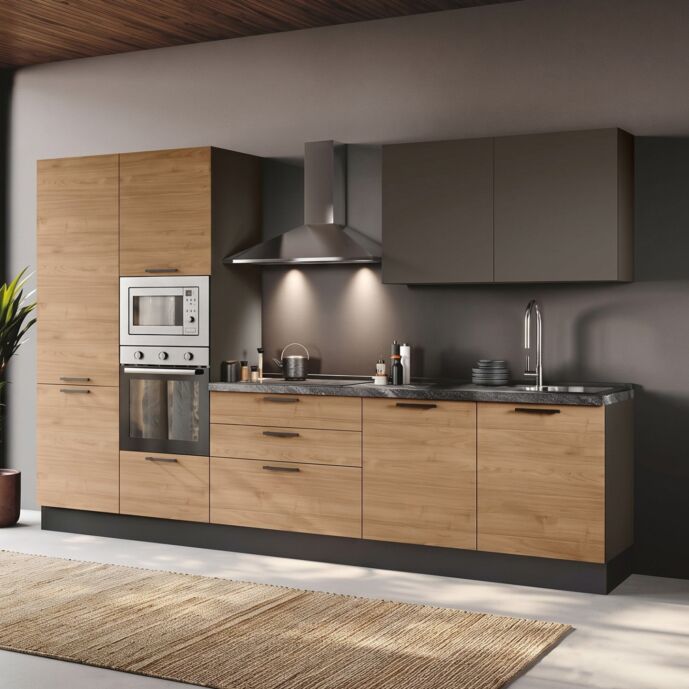 Cucina lineare Made in Italy, L.330, Noce biondo e Grigio cenere
