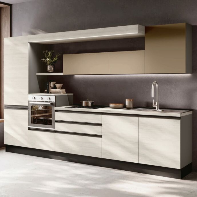 Cucina lineare bloccata, Orzo e Bianco altea, Made in Italt, L.330