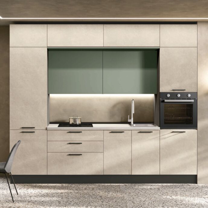 Cucina lineare bloccata, Sandostone e Agave, L.300