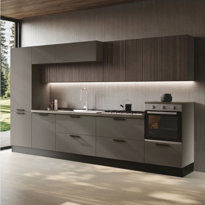 Cucina moderna lineare bloccata, L.360, Cannettato grigio e Grigio cenere