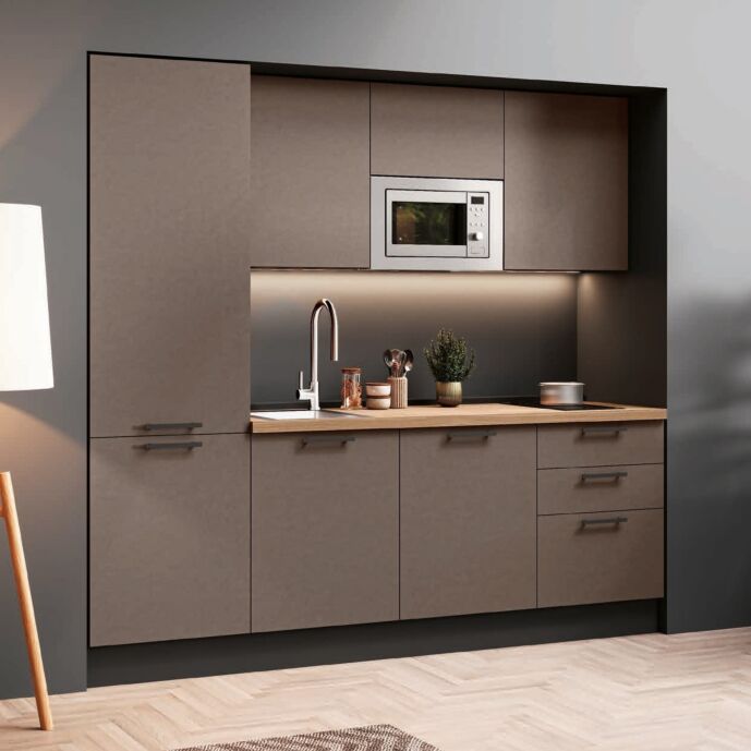 Cucina lineare 2,40 mt bloccata, Bronzo e Noce biondo, Made in Italy