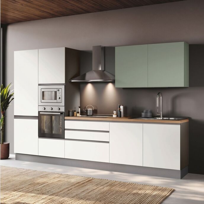 Cucina lineare Bianco opaco, Agave e Noce biondo, L.330