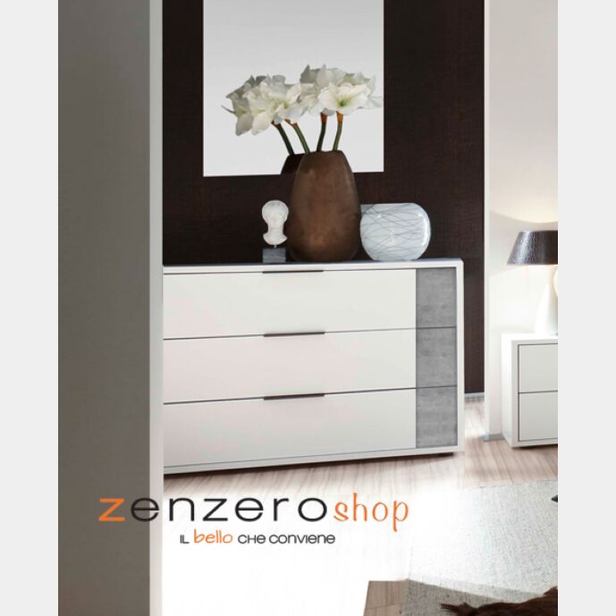 Comò design moderno 3 cassetti, finitura Bianco Opaco e Beton