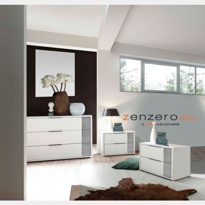 Set Comò e 2 Comodini in finitura Bianco opaco e Beton