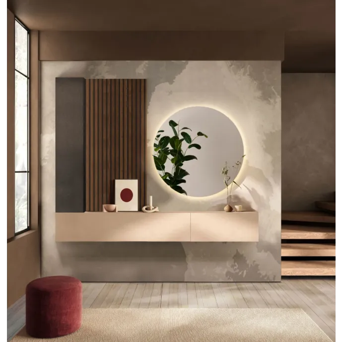 Ingresso con specchio retroilluminato, pensili e boiserie, Mercure cannettato, Cashmere e Lava