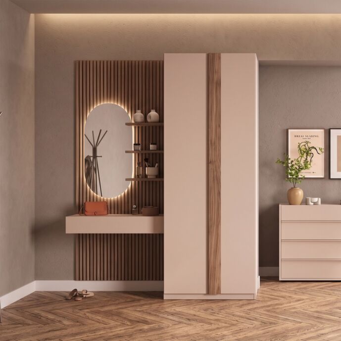 Ingresso con boiserie e armadio, Noce caramello e Cashmere