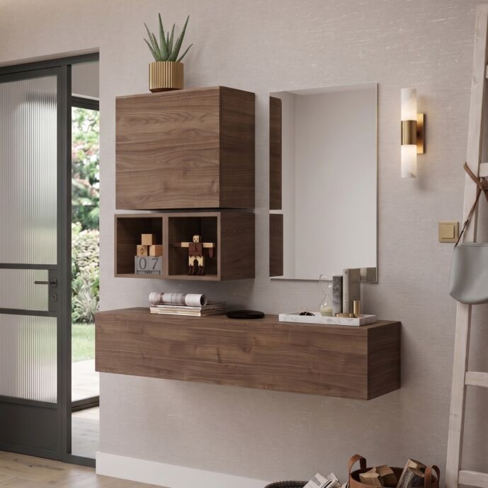 Moderna Composizione d'Ingresso, con pensili, vani e specchiera, finitura Mercure