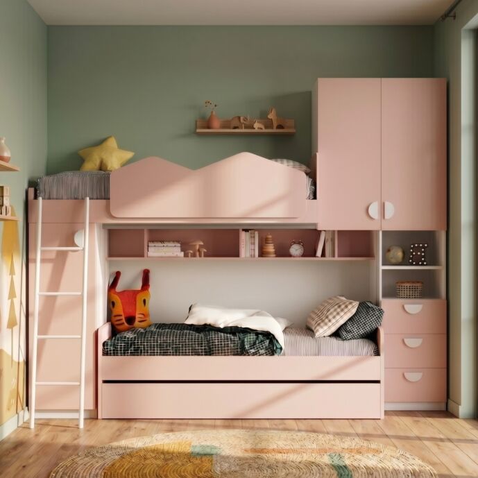 Letto soppalco cameretta, Bianco opaco e Flamingo, L.290