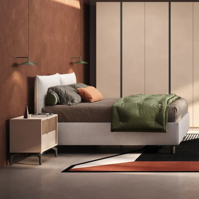 Letto matrimoniale con cuscini, tessuto Bouclè Avorio