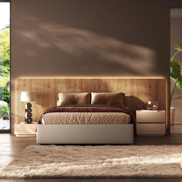 Letto matrimoniale con testiera cannettata Cadiz, giroletto velluto Beige