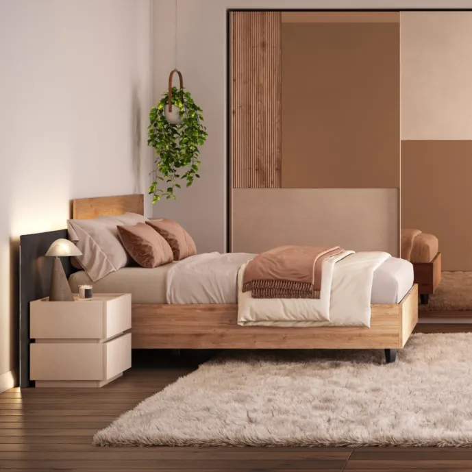 Letto matrimoniale con testiera sfalsata, Cadiz e velluto Fumo