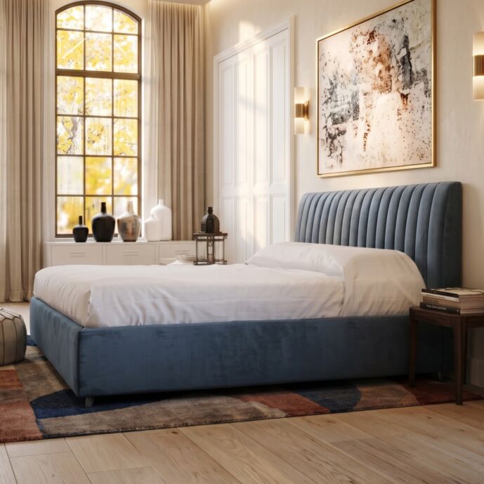 Letto imbottito completo di rete e materasso, Velluto, 160x190