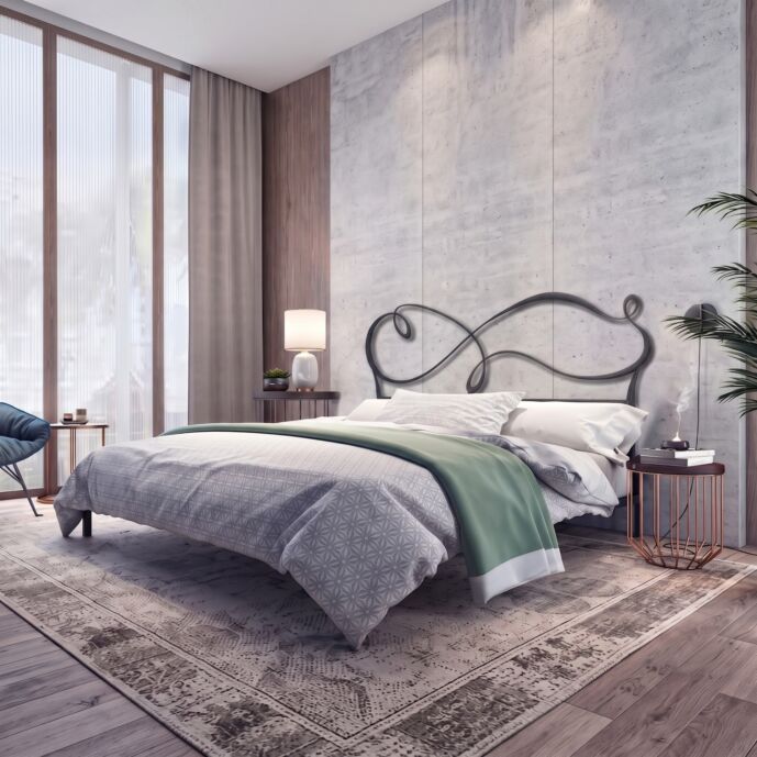 Letto matrimoniale in ferro con rete e materasso, 160x190, Grigio polvere
