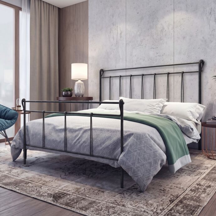 Letto matrimoniale in ferro con rete e materasso, 160x190, Nero Argento