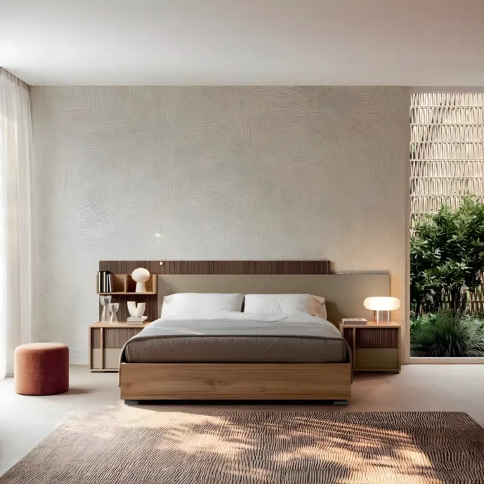 Letto contenitore matrimoniale, Cannettato, Oro e Noce biondo