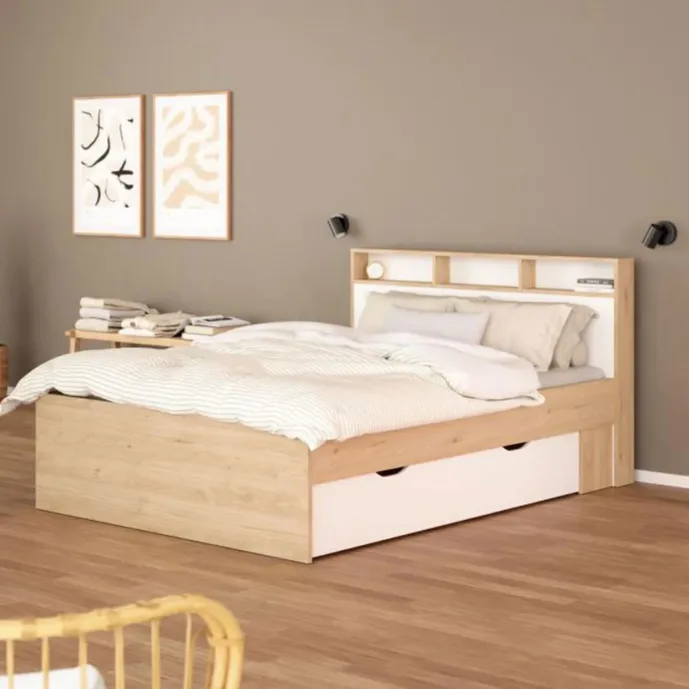 Letto Matrimoniale In Legno 160x200 Cm Con 4 Cassetti Contenitori E Testiera - Struttura Con Rete A Doghe, Bianco, Senza Materasso