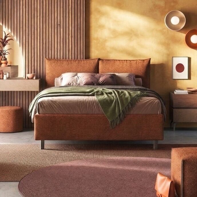 Letto matrimoniale con cuscini, tessuto Bouclè Terracotta