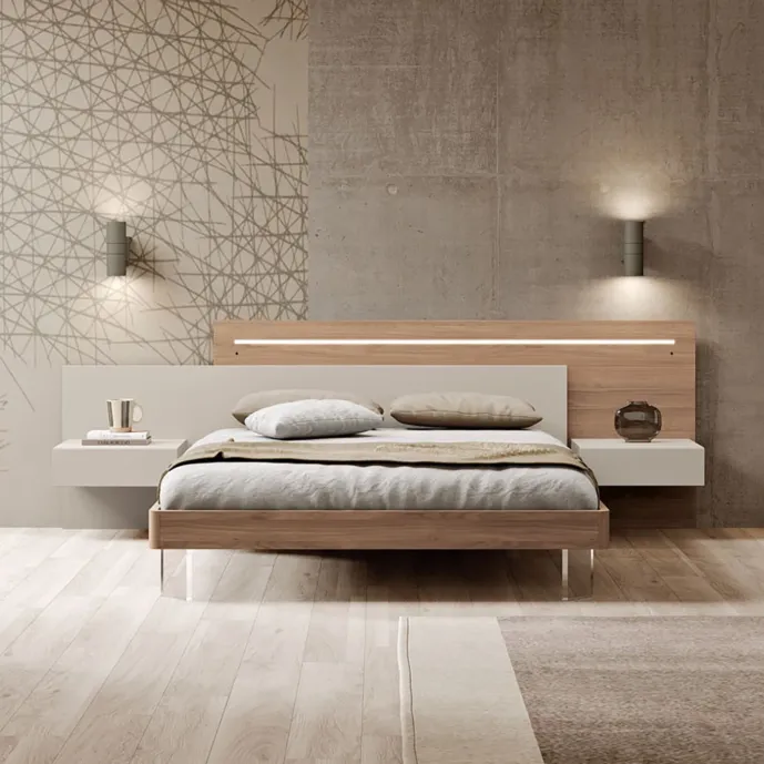 Letto matrimoniale con testata doppia, Sequoia Honey e Corda, L.240 H.96 P.204