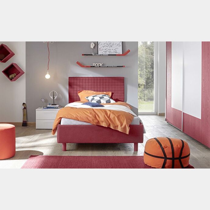 Letto Square singolo, rosso in tessuto imbottito 90x200 testiera riquadrata 